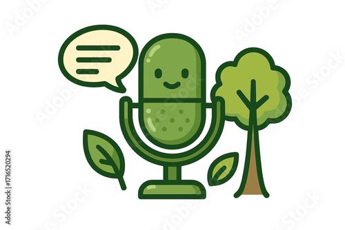 Nature podcast logo. Cartoon microphone mascot talking about ecology. Eco-friendly broadcast icon. Environmental discussion concept. Vector illustration for green media show.
