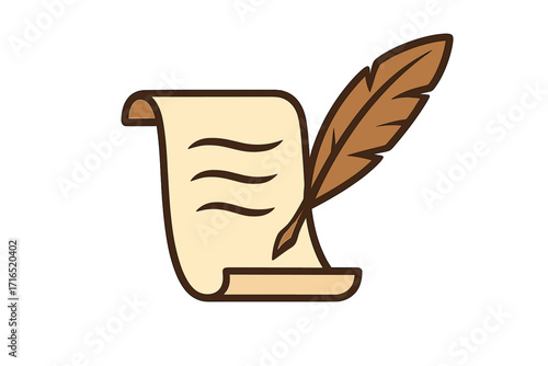 Quill pen and scroll paper logo. Vector icon for writer, poet, law, or history. Antique feather for writing a letter or document. Notary or education symbol illustration.