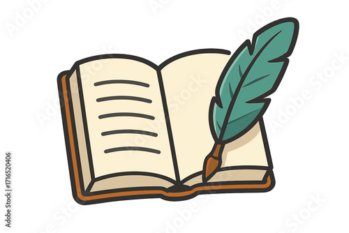 Quill pen on open book vector icon. Symbol for writer, poet, history, or law. Concept of education, knowledge, and literature. Feather for signing documents or writing a diary.