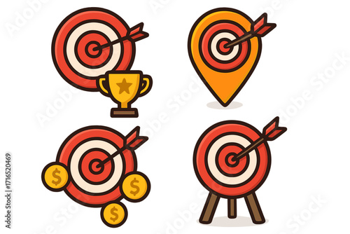 Target and goal vector icon set. Bullseye with arrow for business success. Trophy for achievement, money coins for financial goal, map pin for targeted location marketing.
