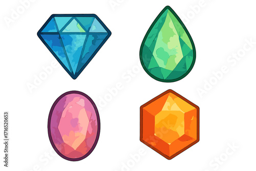 Set of colorful watercolor gemstones. Vector icon collection of precious jewels. Crystal mineral stones illustration. Blue diamond, green emerald, pink ruby and orange topaz gems.