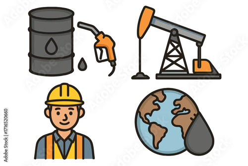 Oil industry icon set with petroleum extraction and energy production elements. Fossil fuel concept with barrel, pump jack, gas nozzle, worker and globe with oil drop vector.
