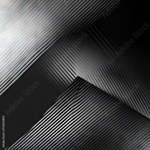 Abstract geometric design with layered, angled, and textured stripes in shades of gray and black
