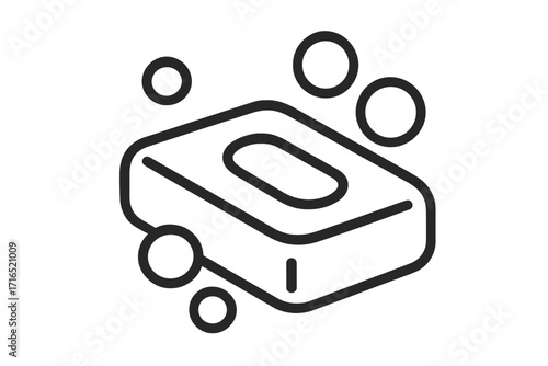 Soap bar line icon with bubbles. Vector illustration for hygiene, cleaning, and personal care. Simple outline pictogram for web, app, bathroom, and cosmetic product design.