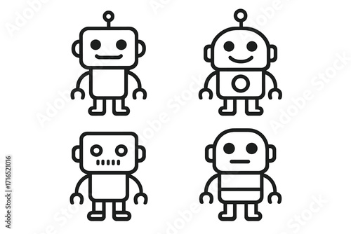 Set of simple line robot characters. Cute cartoon vector illustrations for logo or icon. Friendly android, AI, or chatbot mascot collection. Futuristic technology concept.