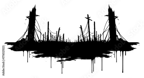 Post Apocalyptic Destroyed City Landscape black shape vector laser cutting engraving monochrome print