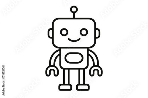 Simple line robot logo character. Cute cartoon vector illustration for a tech company mascot or chatbot icon. Friendly android bot, smiling. AI, artificial intelligence.