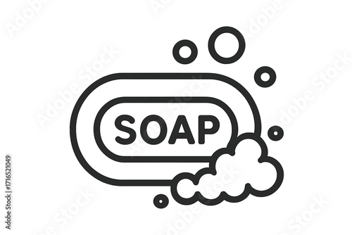 Soap bar line icon with bubbles. Vector pictogram for hygiene, cleaning, and personal care. Clean wash symbol for web, app design. Lather foam graphic illustration.