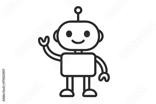 Simple line robot logo character. Vector cartoon illustration of a friendly waving bot. AI mascot for chatbot, tech support and customer service. Happy android icon design.