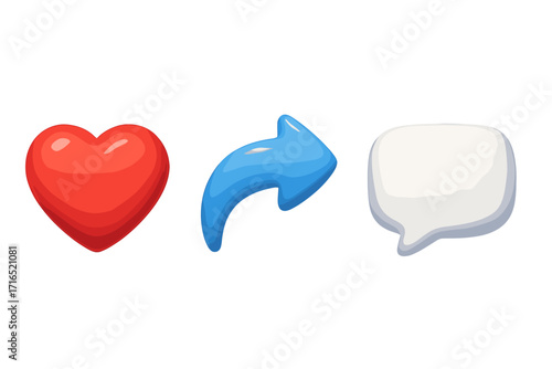 3D social media icons: like, share, comment. Vector set with glossy red heart, blue arrow, and speech bubble. Realistic cartoon symbols for user interface engagement kit.