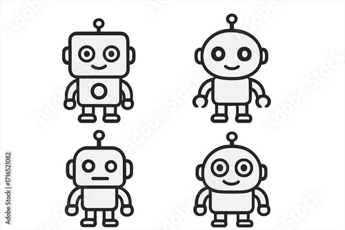 Set of simple line robot characters for logo or mascot design. Cute cartoon vector illustration collection of friendly bots and androids. AI technology and future concept icons.