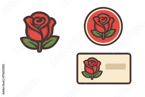 Red rose flower logo icon set. Vector symbol collection for branding. Includes badge, emblem, name tag, and business card design. Floral illustration for beauty and love concepts.