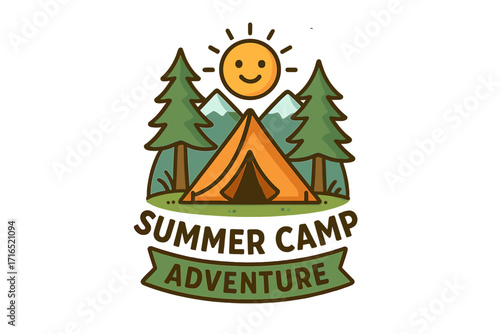 Summer camp adventure logo with text. Vector cartoon illustration for outdoor camping trip. Tent in pine forest at mountains with happy sun. Nature travel, hiking expedition.