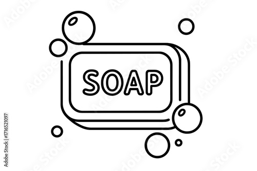 Soap bar outline linear symbol. Hygiene and cleanliness concept. Washing hands, body care vector icon. Suds and bubbles illustration. Health, sanitary, bathroom graphic element.