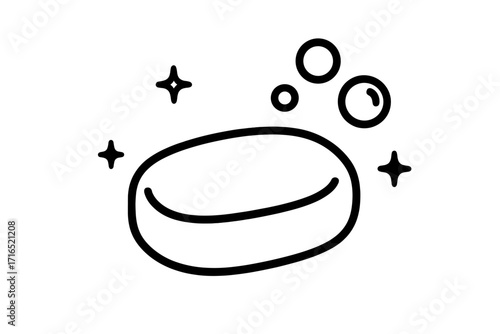 Soap bar thin line icon with bubbles and sparkles. Hygiene, cleanliness, washing hands concept. Personal care, skincare, bathroom symbol. Simple outline vector illustration.
