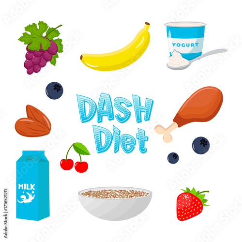 Beautiful vector illustration of DASH foods including fruits, vegetables, and proteins. Vector