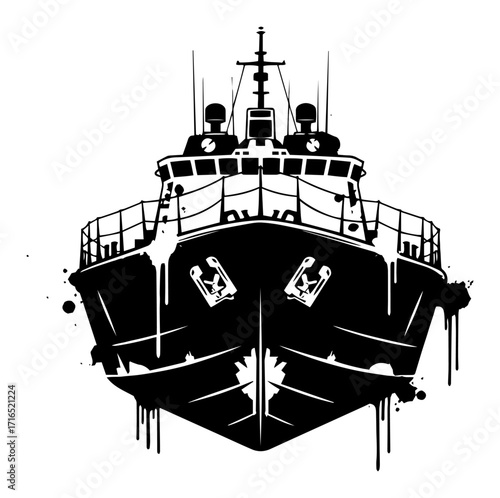 Fishing Trawler or Tugboat in a Grunge Style Black Shape Vector Laser Cutting Engraving Monochrome Print