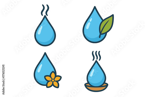 Set of water drop logo icons for aromatherapy and essential oils. Vector illustrations for spa, beauty, wellness, and natural products. Includes leaf, flower, and diffuser symbols.