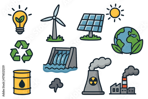 Set of energy source icons. Renewable and polluting power. Wind turbine, solar panel, water dam vs oil and nuclear. Ecology, environment and climate change concept vector.