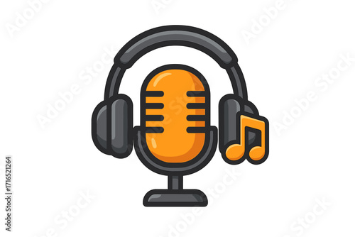 Podcast microphone icon with headphones and music note. Vector logo for broadcasting, radio station, or streaming show. Audio equipment for sound recording studio and karaoke.