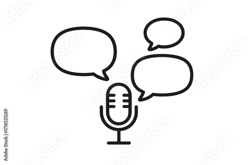 Podcast interview concept with microphone and speech bubbles. Communication and public speaking icon. Vector for audio broadcast, voice recording, and talk show design.