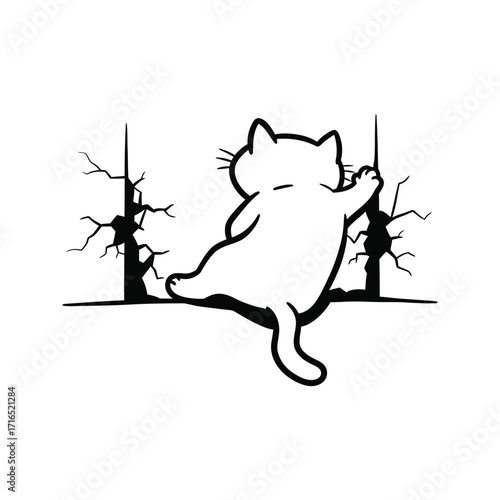 Cute Cat Climbing Cracked Wall  Funny Pet Illustration Vector Graphic Black and White