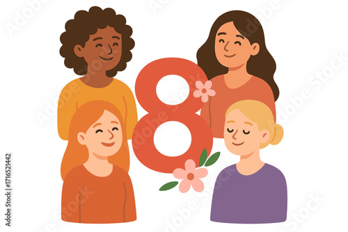 International Women's Day 8 March vector concept. Diverse group of multicultural women celebrating. Female friendship, sisterhood, empowerment, and unity. Feminism cartoon.
