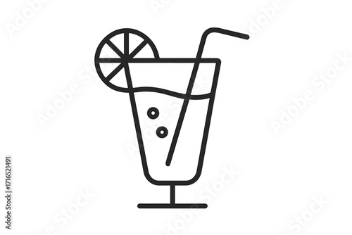 Cocktail glass line icon with lemon slice and straw. Minimalist vector for bar menu, summer party, or fresh drink concept. Juice, soda, or lemonade refreshment symbol.