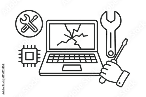 Laptop repair service concept illustration. Broken computer with cracked screen. Hardware maintenance and tech support icon. Fixing notebook with tools. CPU and electronics diagnostics.