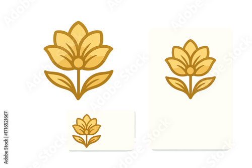 Golden flower logo icon vector set for luxury branding. Elegant floral symbol for beauty, spa, yoga studio. Abstract lotus design for business card, invitation template.