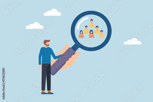 Man holding magnifying glass to examine a group of diverse people icons on a light blue background with clouds