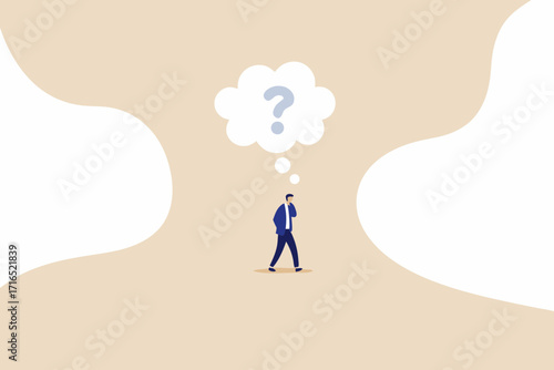 Man in suit walking and thinking with a question mark in a thought bubble above his head
