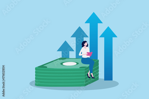 Woman sitting on stack of money with upward trending arrows symbolizing financial growth and success