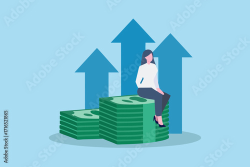Woman sitting on stacks of money with upward trending arrows symbolizing financial growth and success