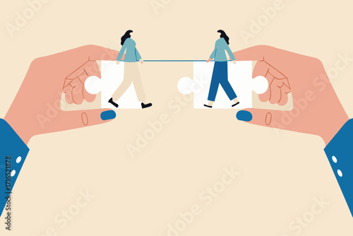 Two people walking on puzzle pieces held by large hands symbolizing connection and teamwork