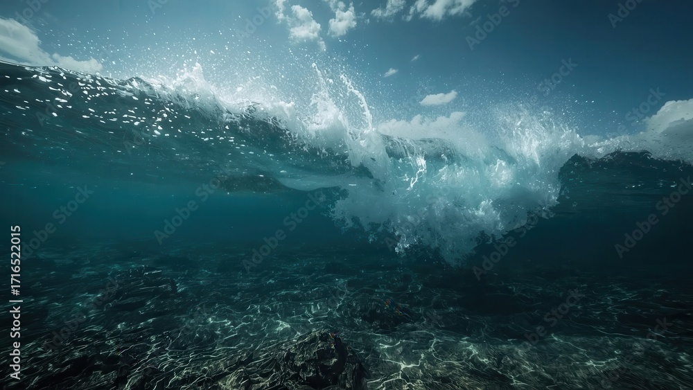 Fototapeta premium A powerful ocean wave, seen from below, crashes over a dark seabed, showcasing the dynamic interplay of light and shadow.