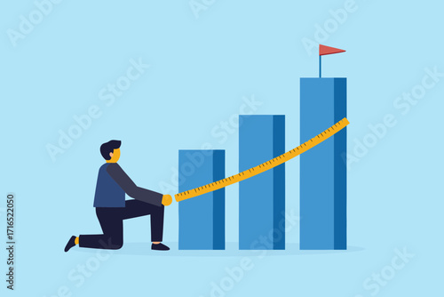 Man measuring growth on a bar chart with a tape measure towards a red flag on top of the highest bar