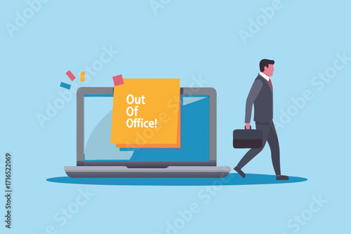 Businessman walking away from laptop with out of office notification on screen and sticky notes