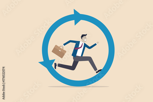 Businessman running in a continuous loop cycle representing workflow or business process