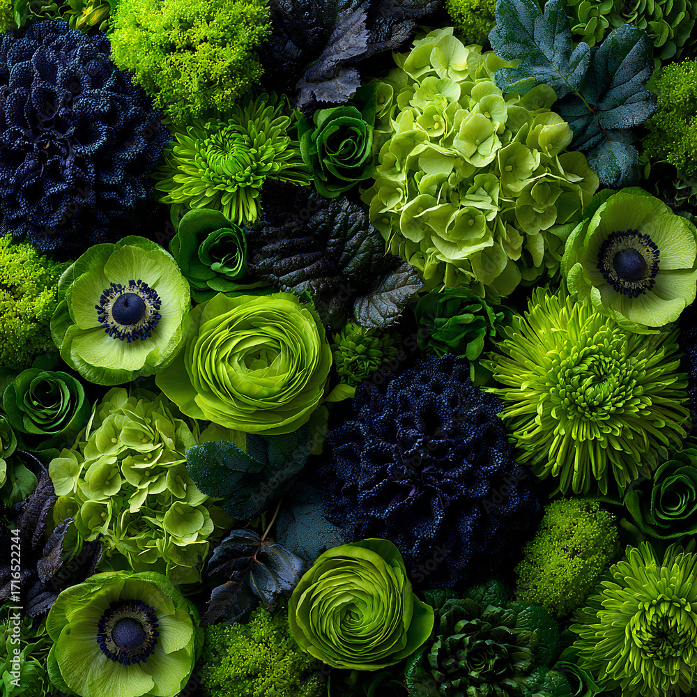 custom made wallpaper toronto digitalFull frame top view of dense floral wall with green hydrangeas chrysanthemums anemones and roses accented by navy leaves in vibrant botanical layout