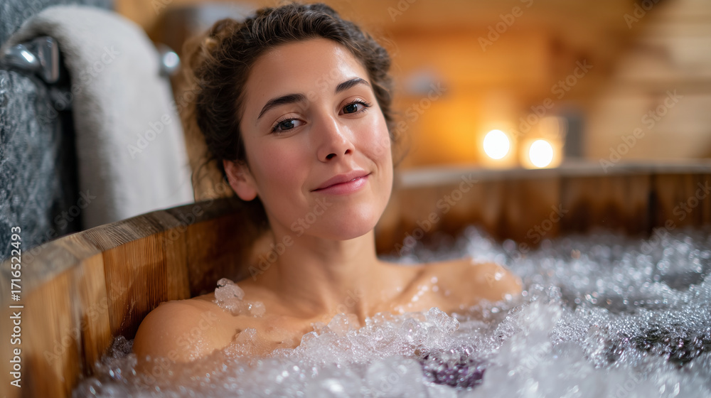Obraz premium Woman leaning back in wooden cold plunge tub, ice floating around shoulders, indoor spa with warm tones, relaxation and wellness captured