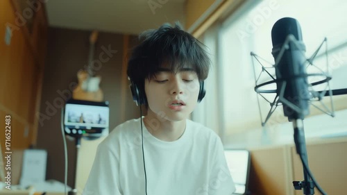 Young vocalist in studio by microphone during recording — emotive live shot for music and podcasts