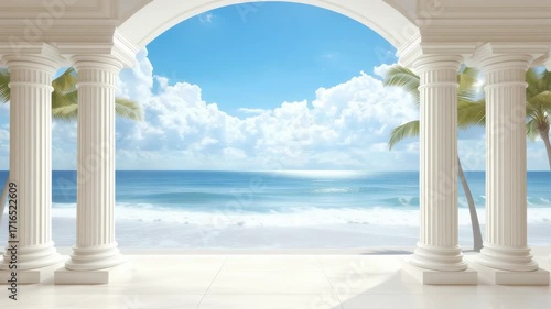 Classical colonnade opening to the sea — architectural frame in antique style for luxury, travel and interior projects.