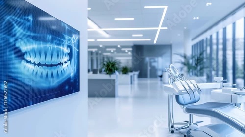 Modern dental clinic interior with treatment chairs and an X-ray screen — shot for medical, dental and clinic branding use.