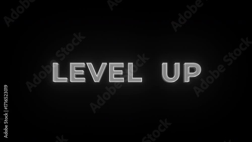 LEVEL UP flashing neon text animation with a blinking effect. Pop-up message. Cyberpunk technology text