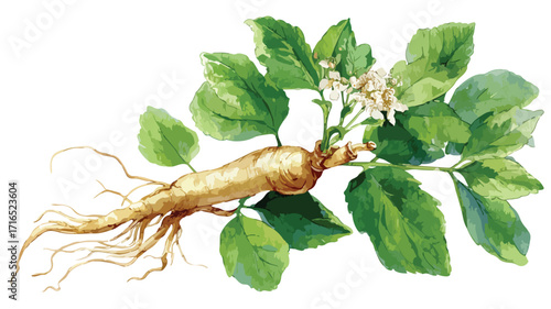 Watercolor Ginseng Root Leaves Vector Illustration
