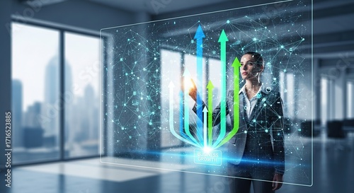 Businesswoman interacting with digital business growth interface