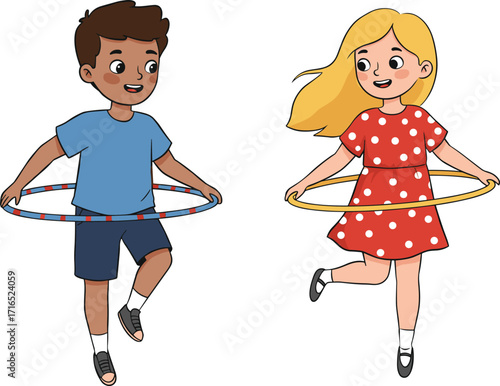 Happy children playing with hula hoops, cartoon boy and girl having fun together, cute kids exercising, outdoor activity vector illustration