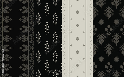 Dark Floral and Geometric Patterns in Four Vertical Panels seamless
