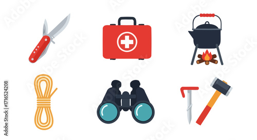 Camping Essentials Flat Vector Icons Set for Outdoor Adventure and Survival